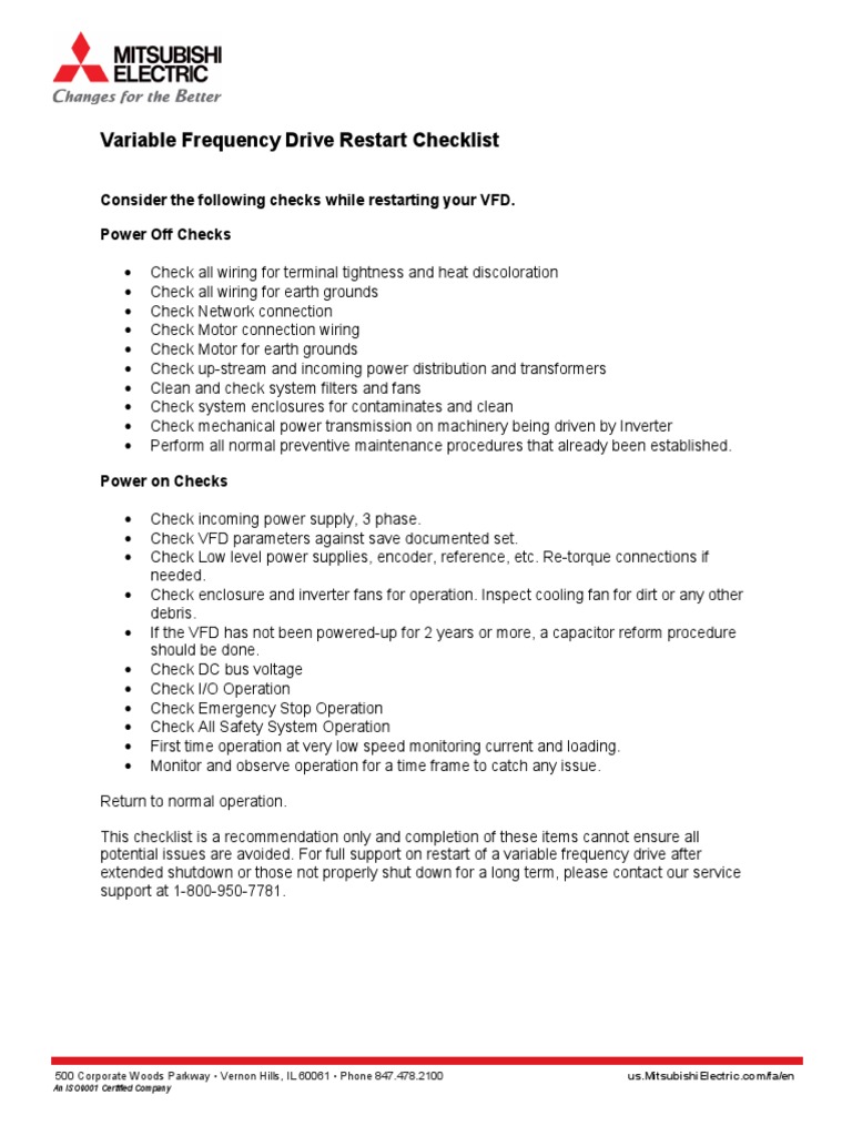 VFD preventive maintenance checklist industrial automation equipment